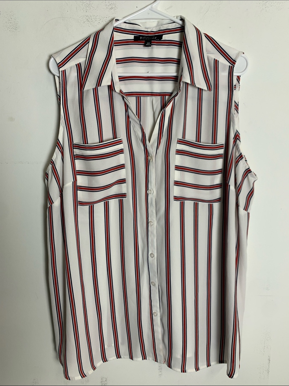 Relativity White Sleeveless Button-Down Top with Red and Black Stripes